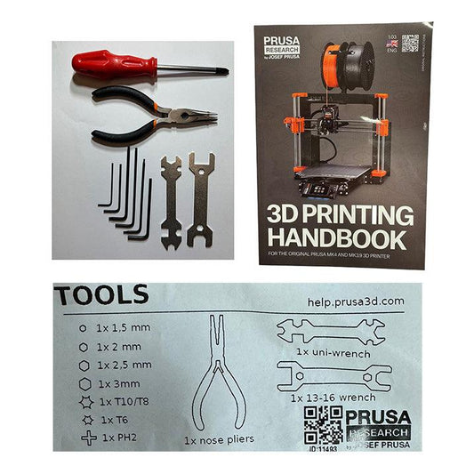 PRUSA MK4 and MK 3.9 Assembly tool kit.  Screwdriver has a PH2 head. PH2 is the recommended standard for the screws used on Original Prusa Printers.  Product Includes:  MK4 and MK 3.9 3D Printing Handbook Screwdriver with a PH2 head (1pc) Nose Pliers (1pc) Uni Wrench (1pc) 13-16 Wrench (1pc) Assorted Allen Keys (7pc's)